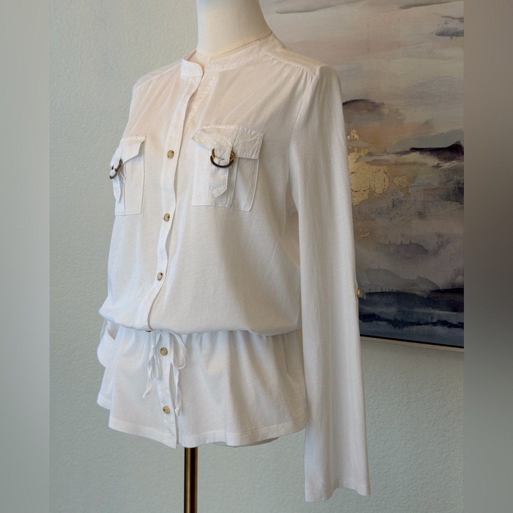 Michael Kors White Cotton Utility Shirt with Gold MK Hardware & Drawstring Waist - Picture 5 of 16